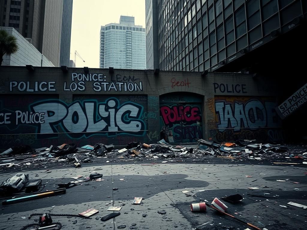 Flick International Aftermath of a Los Angeles riot with graffitied police station and scattered debris