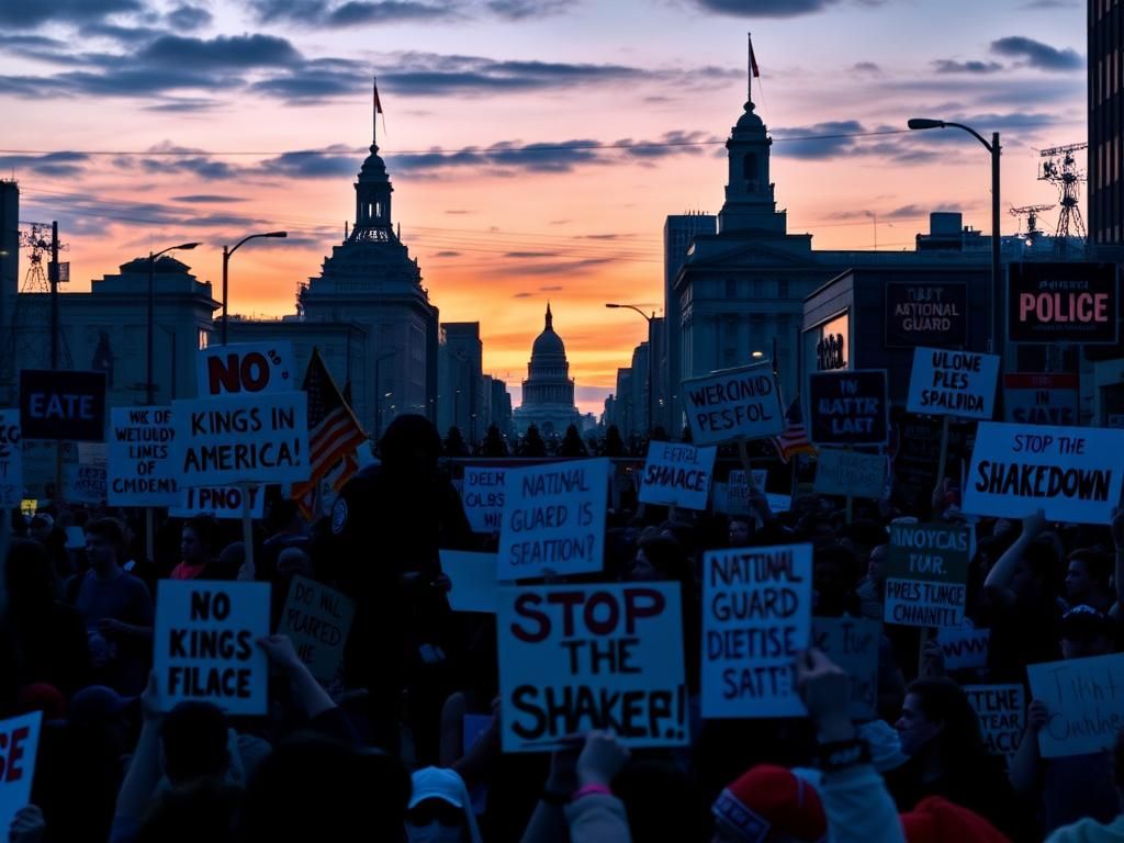 Flick International A vibrant protest scene at dusk with colorful signs against a darkening skyline