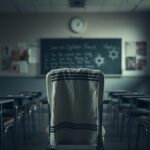 Flick International Traditional Jewish prayer shawl draped over an empty chair in a dimly lit classroom symbolizing faith and tradition