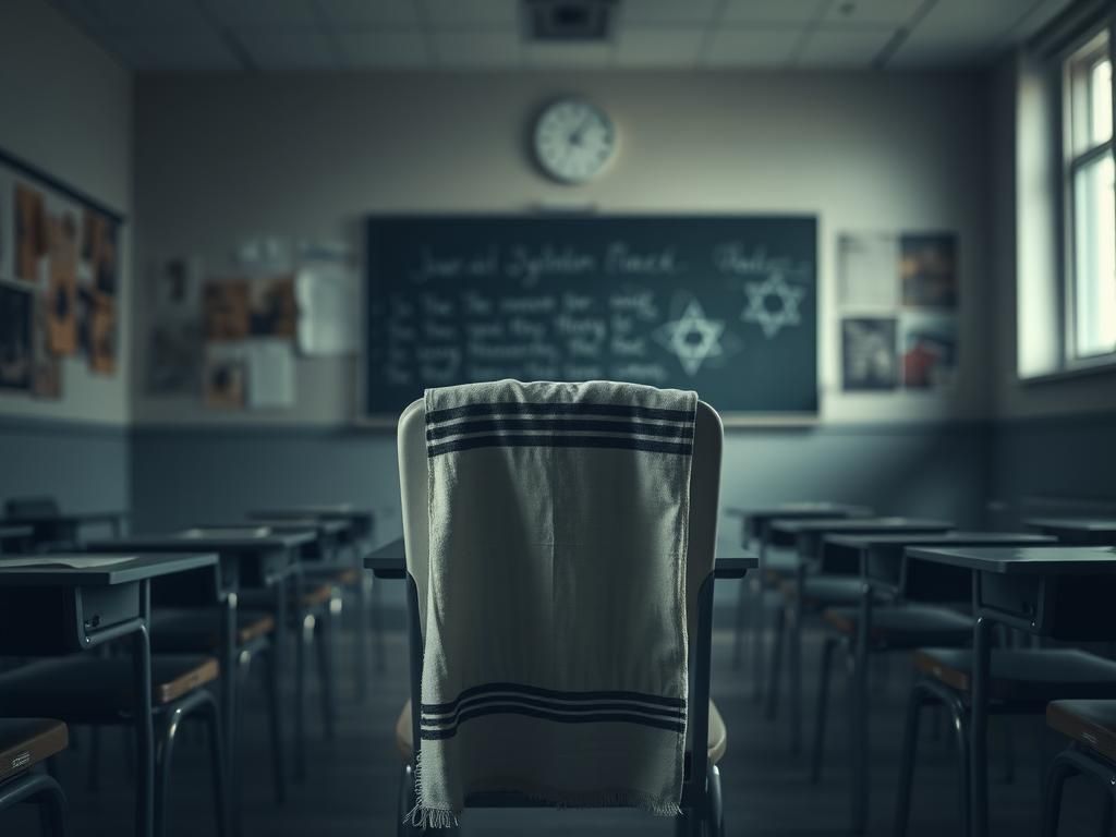 Flick International Traditional Jewish prayer shawl draped over an empty chair in a dimly lit classroom symbolizing faith and tradition