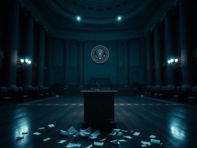 Flick International Empty Senate chamber with an ornate ceiling and podium
