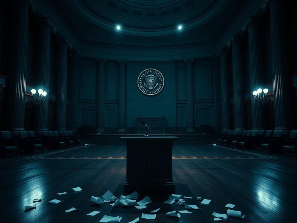 Flick International Empty Senate chamber with an ornate ceiling and podium