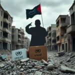 Flick International Desolate urban landscape of Gaza with crumbling buildings and a UNICEF aid box amid debris.