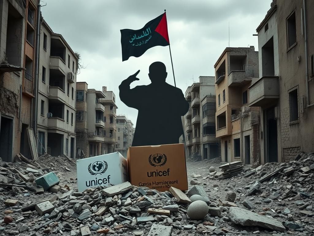 Flick International Desolate urban landscape of Gaza with crumbling buildings and a UNICEF aid box amid debris.