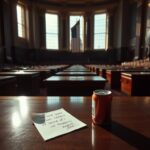 Flick International Empty Senate chamber with sunlight filtering through windows and a crumpled note on a wooden desk