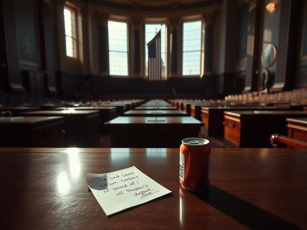 Flick International Empty Senate chamber with sunlight filtering through windows and a crumpled note on a wooden desk