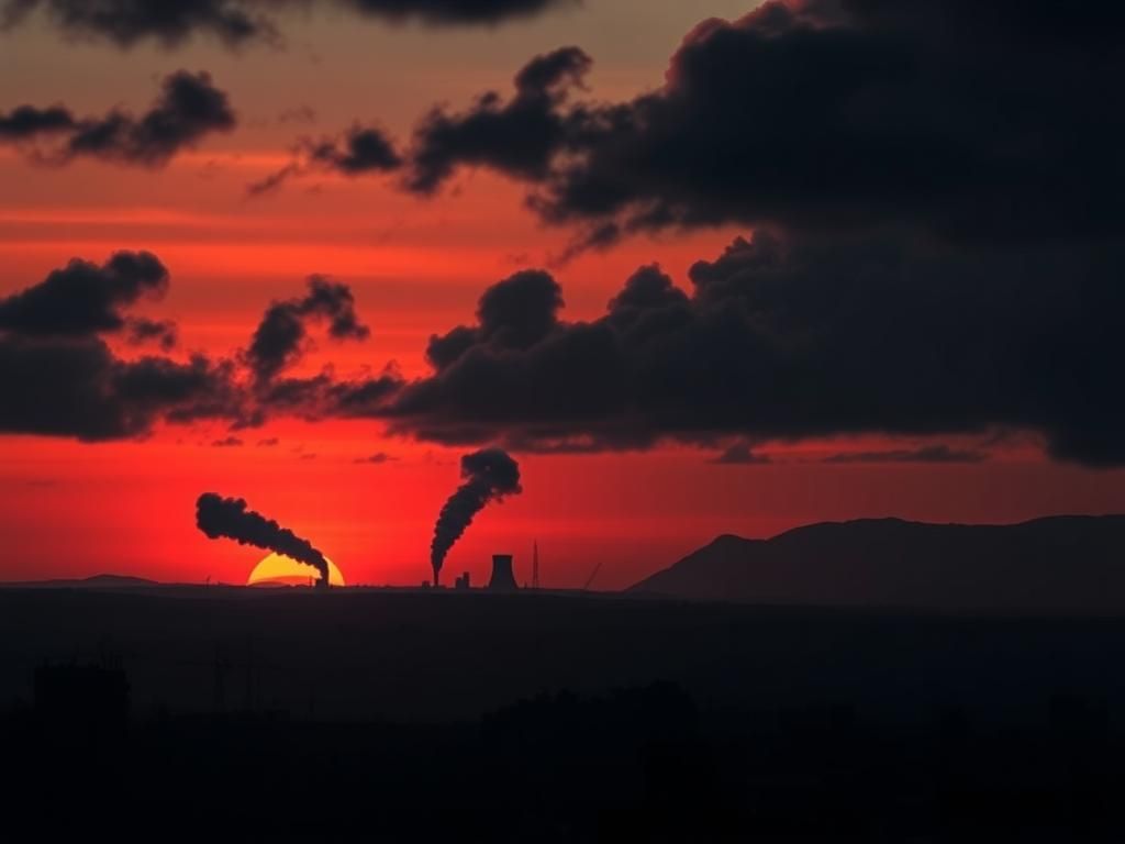 Flick International Silhouette of a war-torn city skyline with smoke against a dusky sky