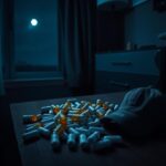 Flick International A somber scene depicting prescription pill bottles and a baseball cap, symbolizing the tragedy of addiction in sports.