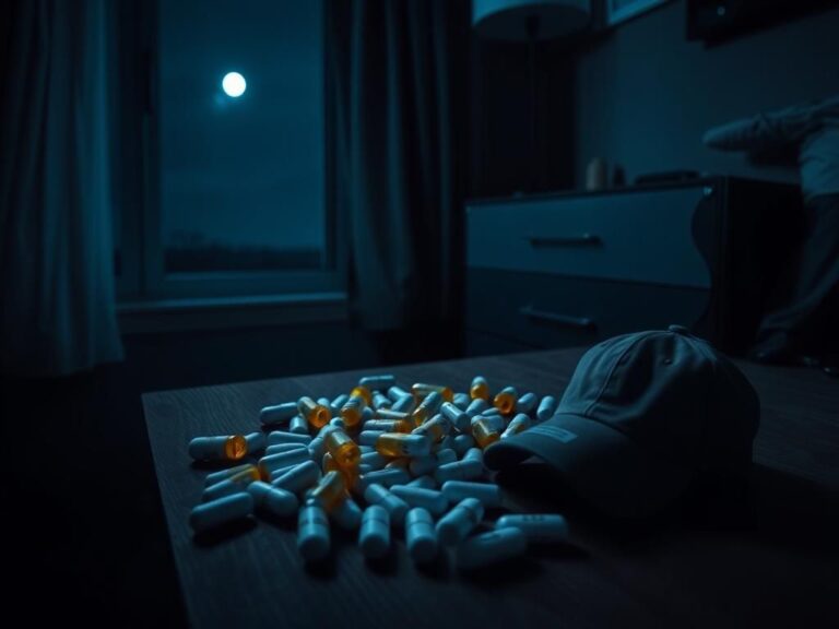 Flick International A somber scene depicting prescription pill bottles and a baseball cap, symbolizing the tragedy of addiction in sports.