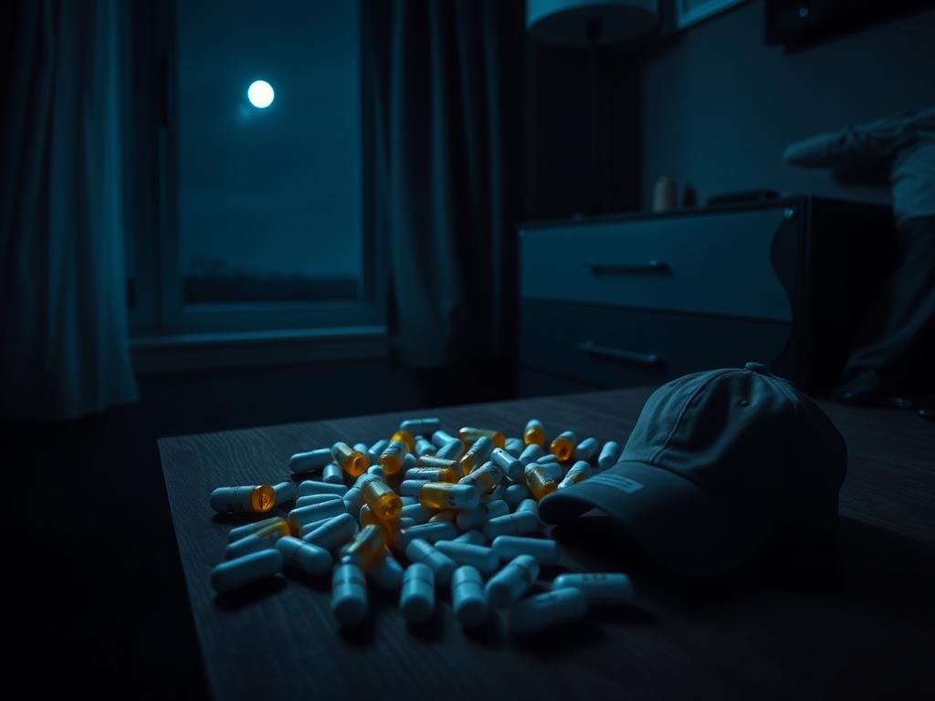 Flick International A somber scene depicting prescription pill bottles and a baseball cap, symbolizing the tragedy of addiction in sports.