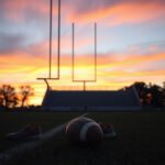 Flick International A serene sunset over a quiet football field with dusty cleats and goalposts
