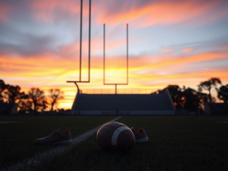 Flick International A serene sunset over a quiet football field with dusty cleats and goalposts