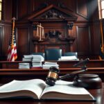 Flick International Close-up view of an ornate wooden judge's bench in a courtroom