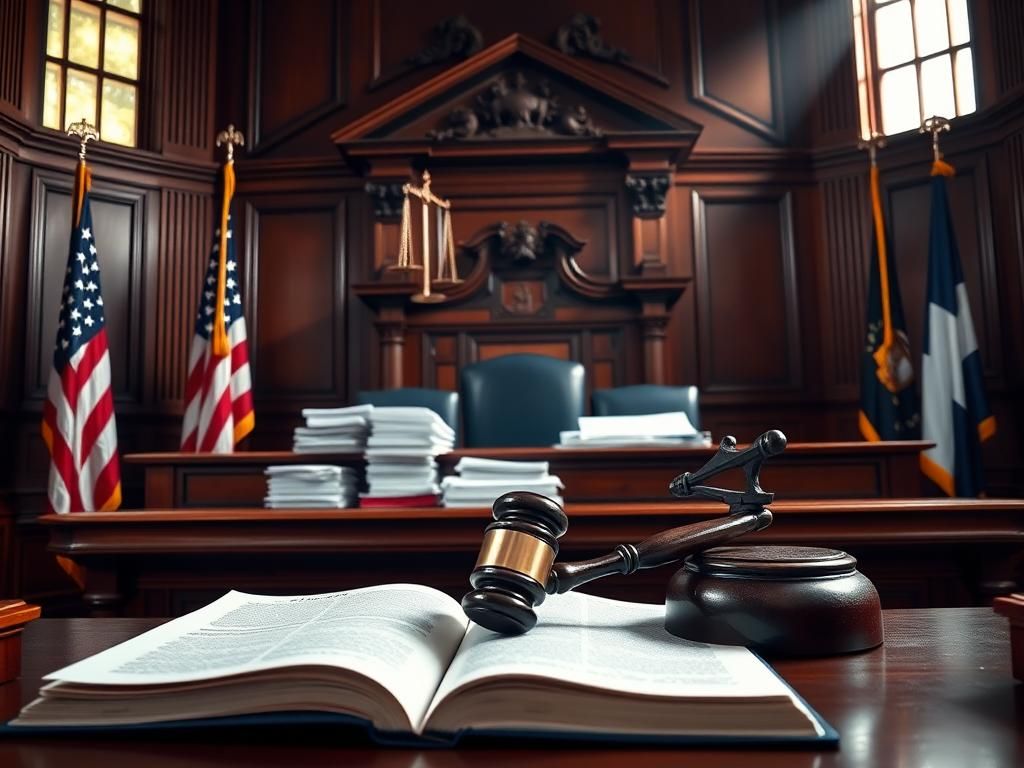 Flick International Close-up view of an ornate wooden judge's bench in a courtroom
