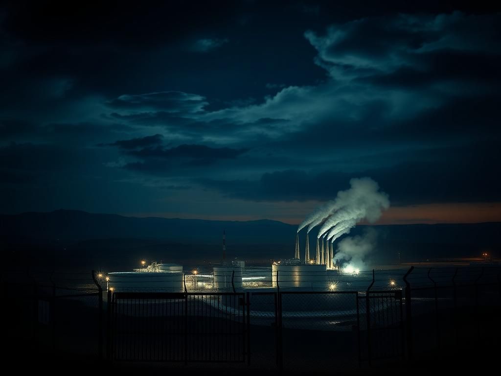 Flick International Heavily fortified Iranian nuclear facility illuminated at night under stormy skies