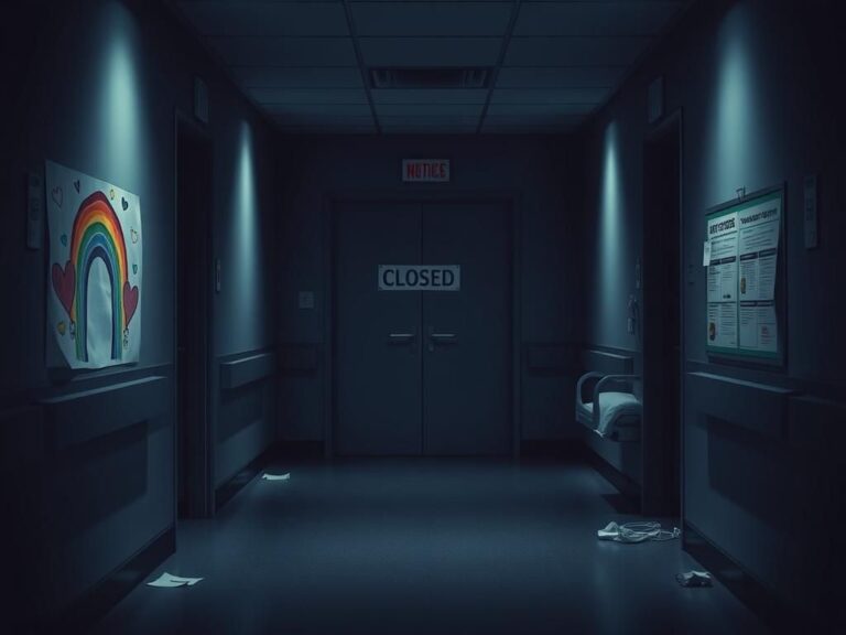Flick International A somber hospital corridor with closed doors and children's artwork