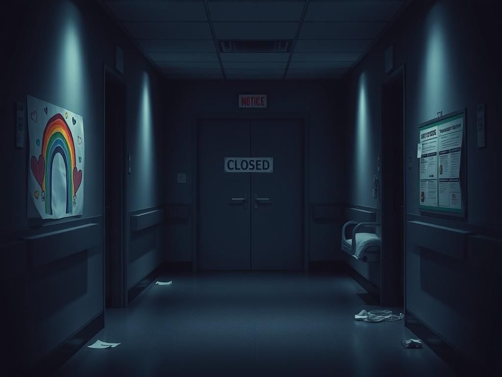 Flick International A somber hospital corridor with closed doors and children's artwork