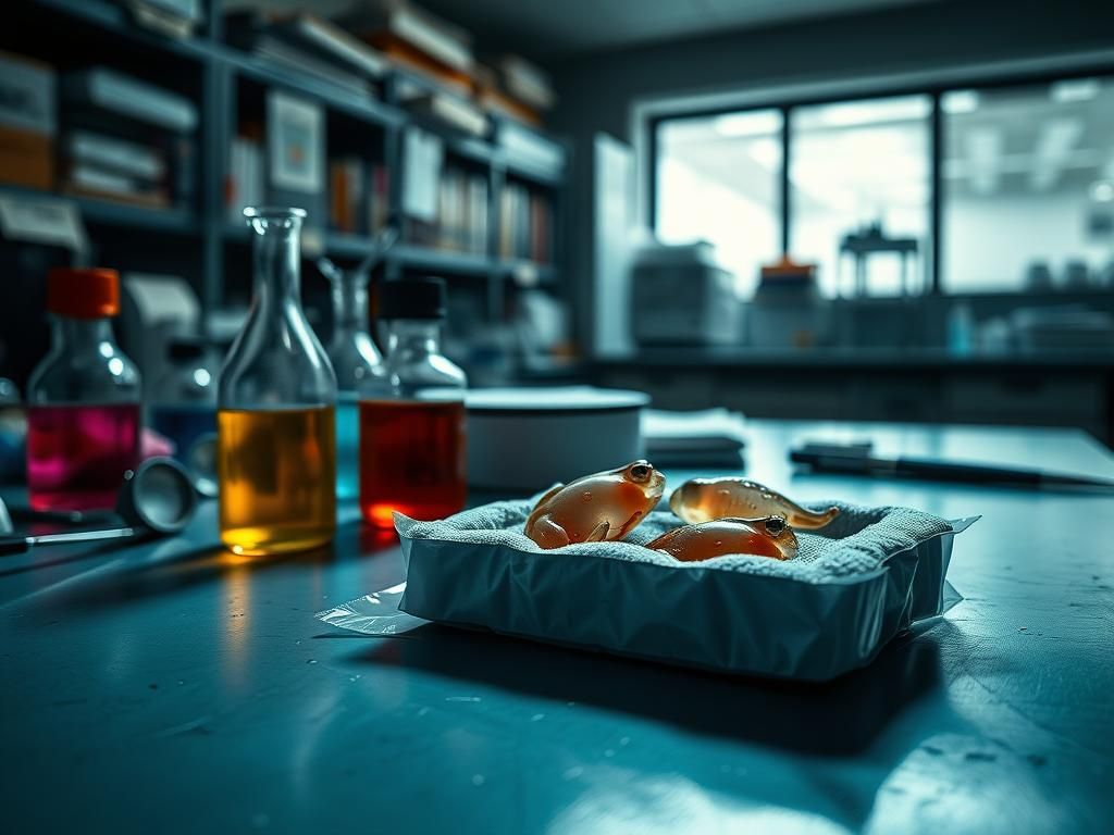 Flick International Close-up of a laboratory workbench with scientific equipment and translucent frog embryos in foam padding