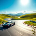 Flick International A sleek modern race car parked on a serene racing track with green hills in the background