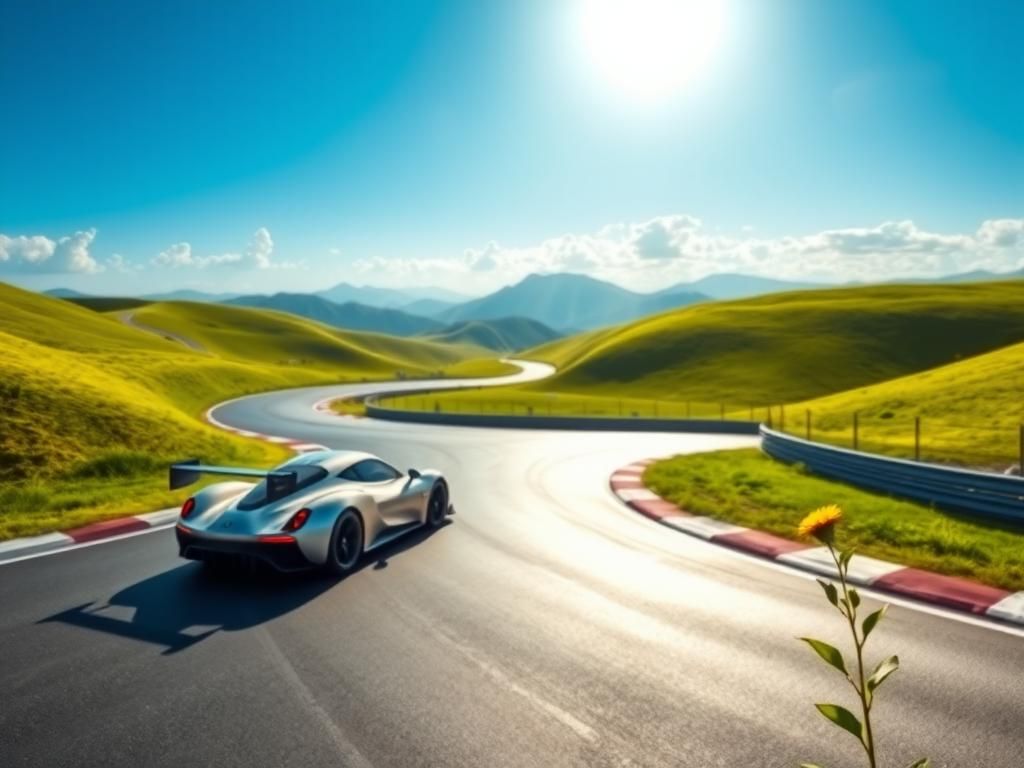 Flick International A sleek modern race car parked on a serene racing track with green hills in the background