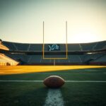 Flick International Empty football stadium with Detroit Lions logo under golden afternoon light