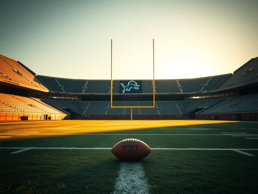 Flick International Empty football stadium with Detroit Lions logo under golden afternoon light