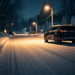 Flick International Nighttime winter scene in Canton, Massachusetts, showcasing a parked Lexus SUV covered in snow
