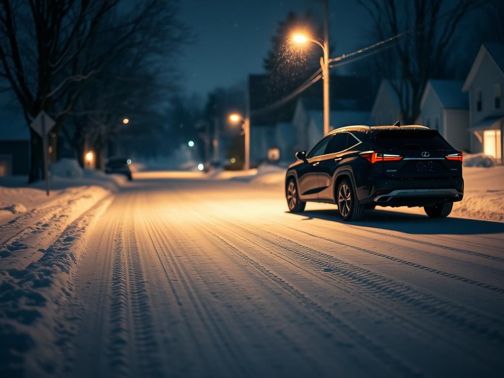 Flick International Nighttime winter scene in Canton, Massachusetts, showcasing a parked Lexus SUV covered in snow