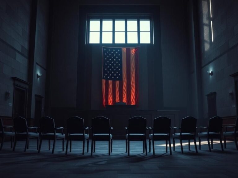 Flick International Somber courtroom interior with empty chairs representing awaiting justice