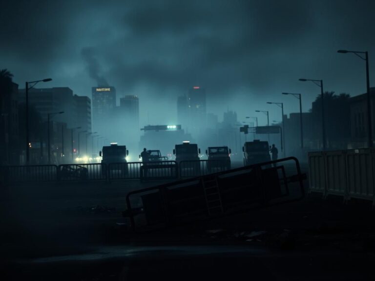 Flick International Chaotic urban landscape in Los Angeles showcasing overturned police barricades and military presence