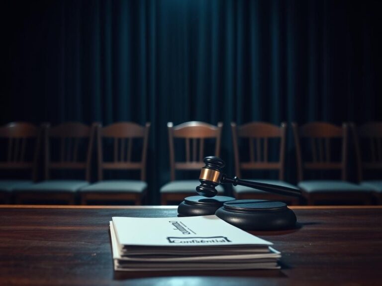 Flick International Dimly lit courtroom scene with a gavel on a judge's bench, symbolizing secrecy and tension in Diddy's trial