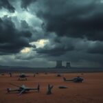 Flick International Tension-filled landscape depicting the conflict between Israel and Iran with stormy skies and military remnants