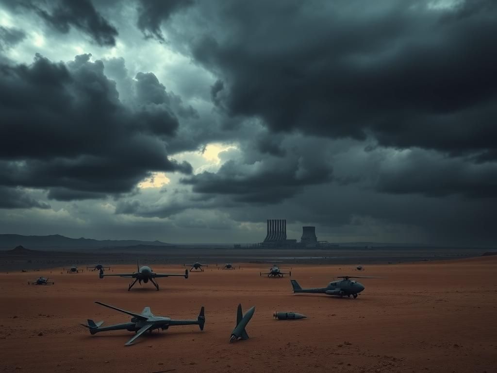 Flick International Tension-filled landscape depicting the conflict between Israel and Iran with stormy skies and military remnants