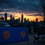 Flick International New York City skyline at dusk with a Star of David illuminated on a synagogue