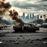 Flick International Dramatic aftermath of Los Angeles riots depicting burnt-out vehicles and debris on streets