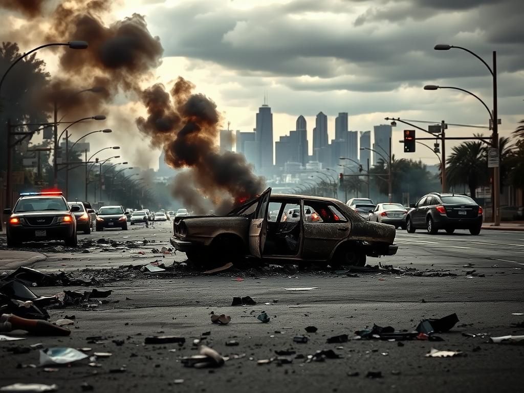 Flick International Dramatic aftermath of Los Angeles riots depicting burnt-out vehicles and debris on streets