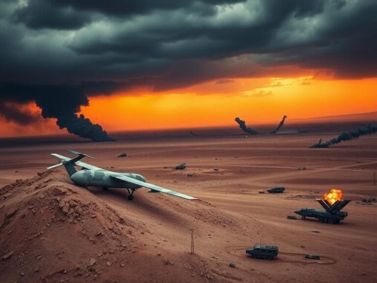 Flick International Aerial view of a camouflaged military drone in an Iranian landscape with smoke rising from airstrikes