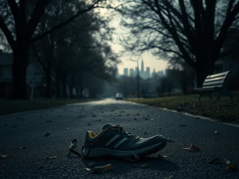 Flick International Abandoned running shoes on a jogging path symbolize tragic loss and the impact of migrant crime victims.