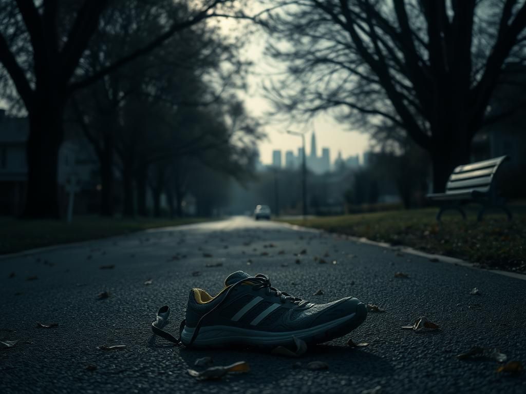 Flick International Abandoned running shoes on a jogging path symbolize tragic loss and the impact of migrant crime victims.