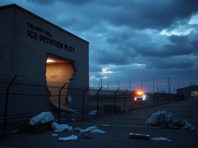 Flick International Dramatic evening scene of the Delaney Hall ICE detention facility with a partially collapsed wall after detainees escaped.