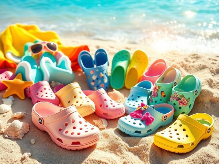 Flick International Colorful Crocs arranged on a sandy beach with seashells and sunglasses