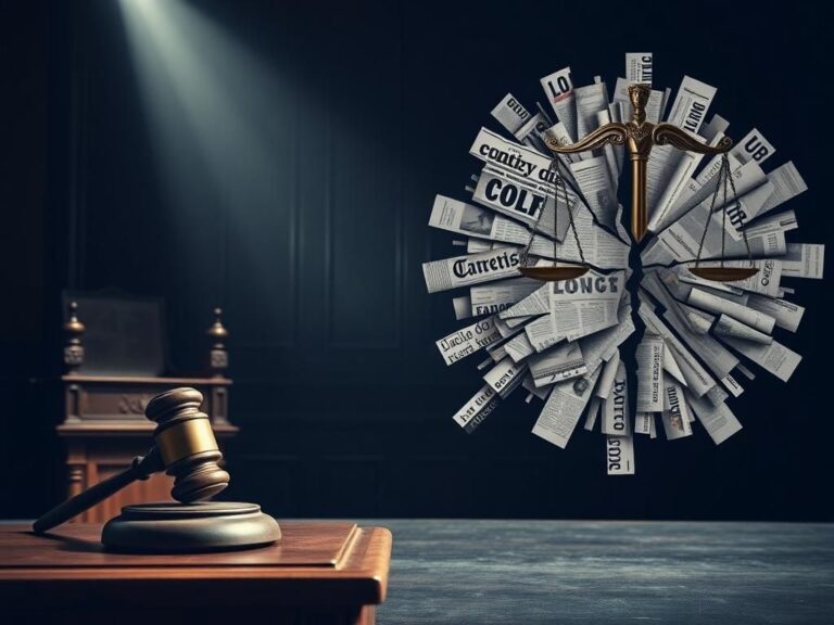 Flick International Courtroom scene depicting a judge's bench with a gavel and a symbolic Lady Justice statue