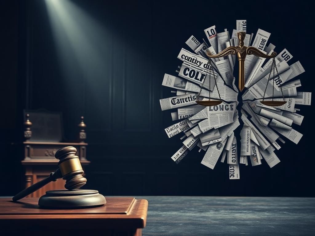 Flick International Courtroom scene depicting a judge's bench with a gavel and a symbolic Lady Justice statue