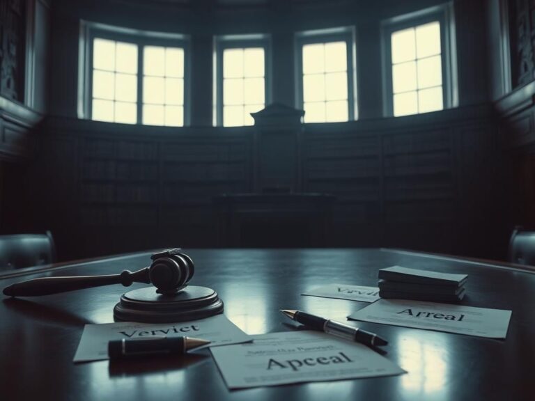 Flick International Somber courtroom scene highlighting a gavel and law books