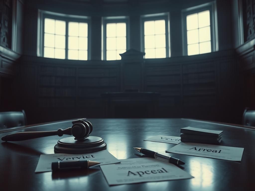 Flick International Somber courtroom scene highlighting a gavel and law books