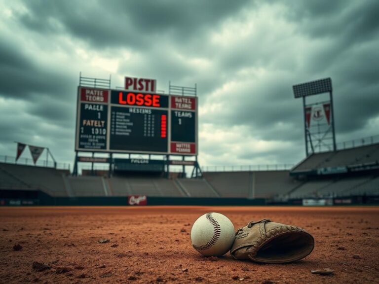 Flick International Dramatic baseball diamond with vintage scoreboard reflecting loss record