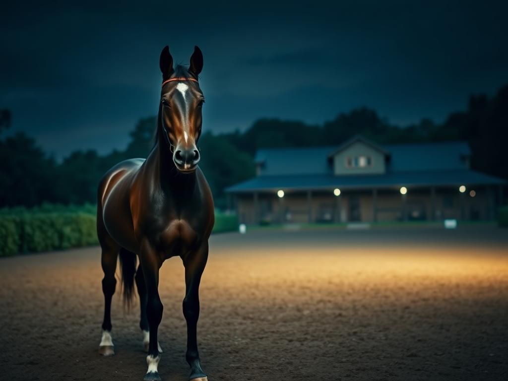 Flick International Serene equestrian arena at dusk with a solitary horse