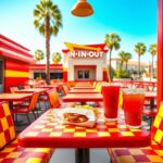 Flick International Outdoor seating area at In-N-Out Burger with colorful checkered tablecloths, a freshly prepared burger and fries, and palm trees under a bright blue sky.