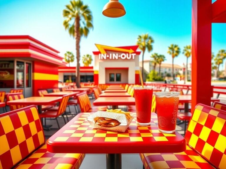 Flick International Outdoor seating area at In-N-Out Burger with colorful checkered tablecloths, a freshly prepared burger and fries, and palm trees under a bright blue sky.