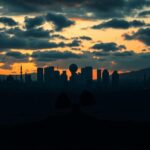 Flick International Dramatic twilight skyline of Tehran with abstract nuclear symbol and barbed wire